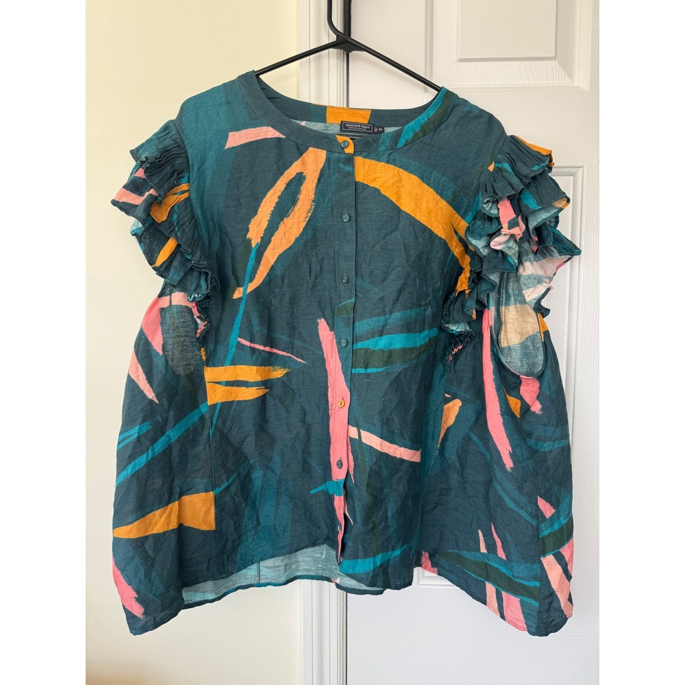 Vineyard Vines Womens 3X Abstract Print Ruffle Sleeve Linen Silk  Teal Pink